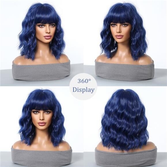 Shoulder Length Curly Wavy Wigs Blue - Picture 3 of 6